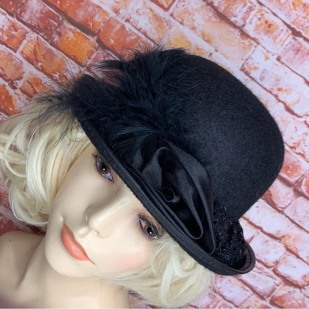 Black Felt Feather and Rhinestone Glam Costume Bowler Hat